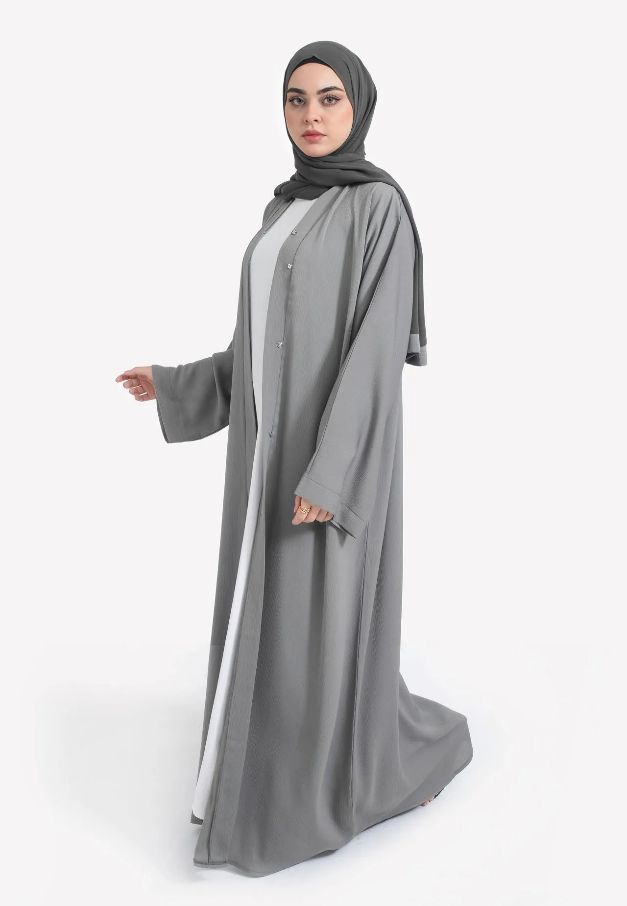 Plain Pebble Grey Textured Open Abaya