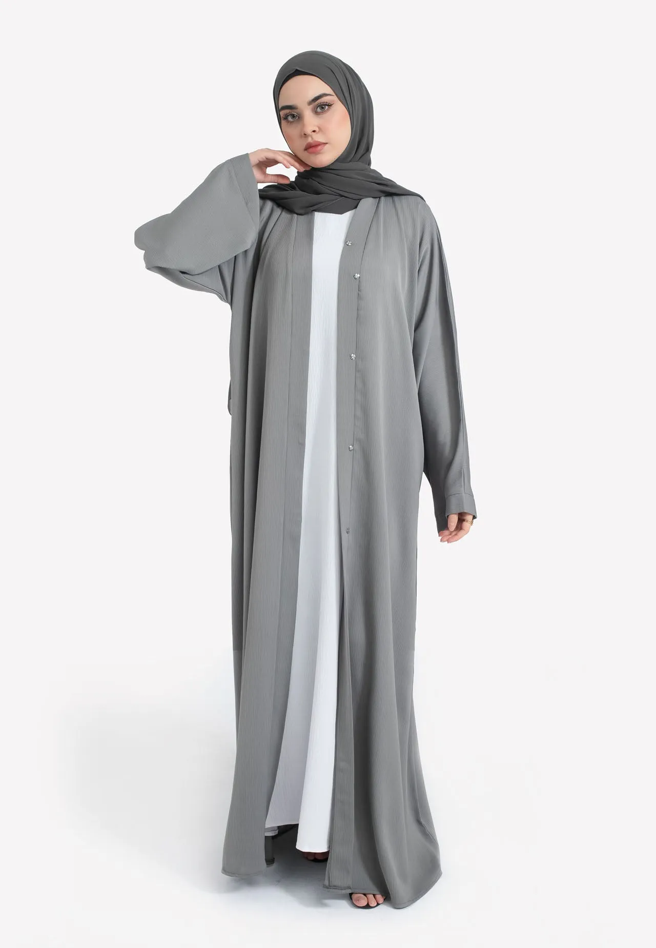 Plain Pebble Grey Textured Open Abaya