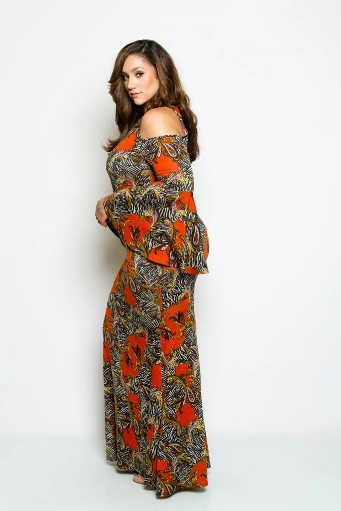 Plus Size Cold Shoulder Vintage Print Mermaid Bell Sleeve Maxi Dress