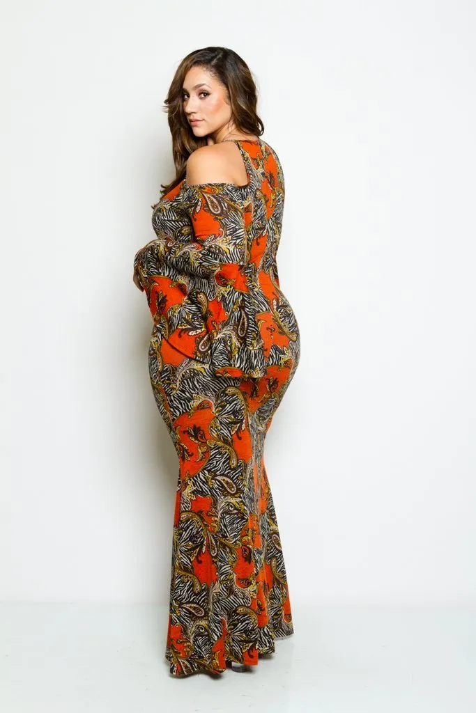 Plus Size Cold Shoulder Vintage Print Mermaid Bell Sleeve Maxi Dress