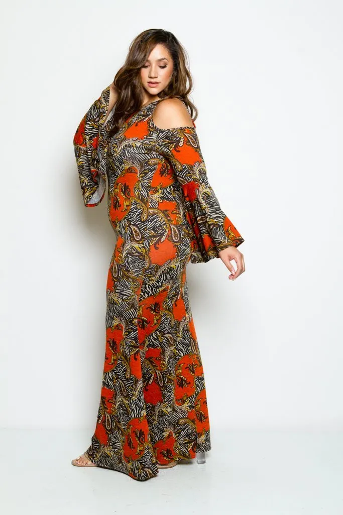Plus Size Cold Shoulder Vintage Print Mermaid Bell Sleeve Maxi Dress
