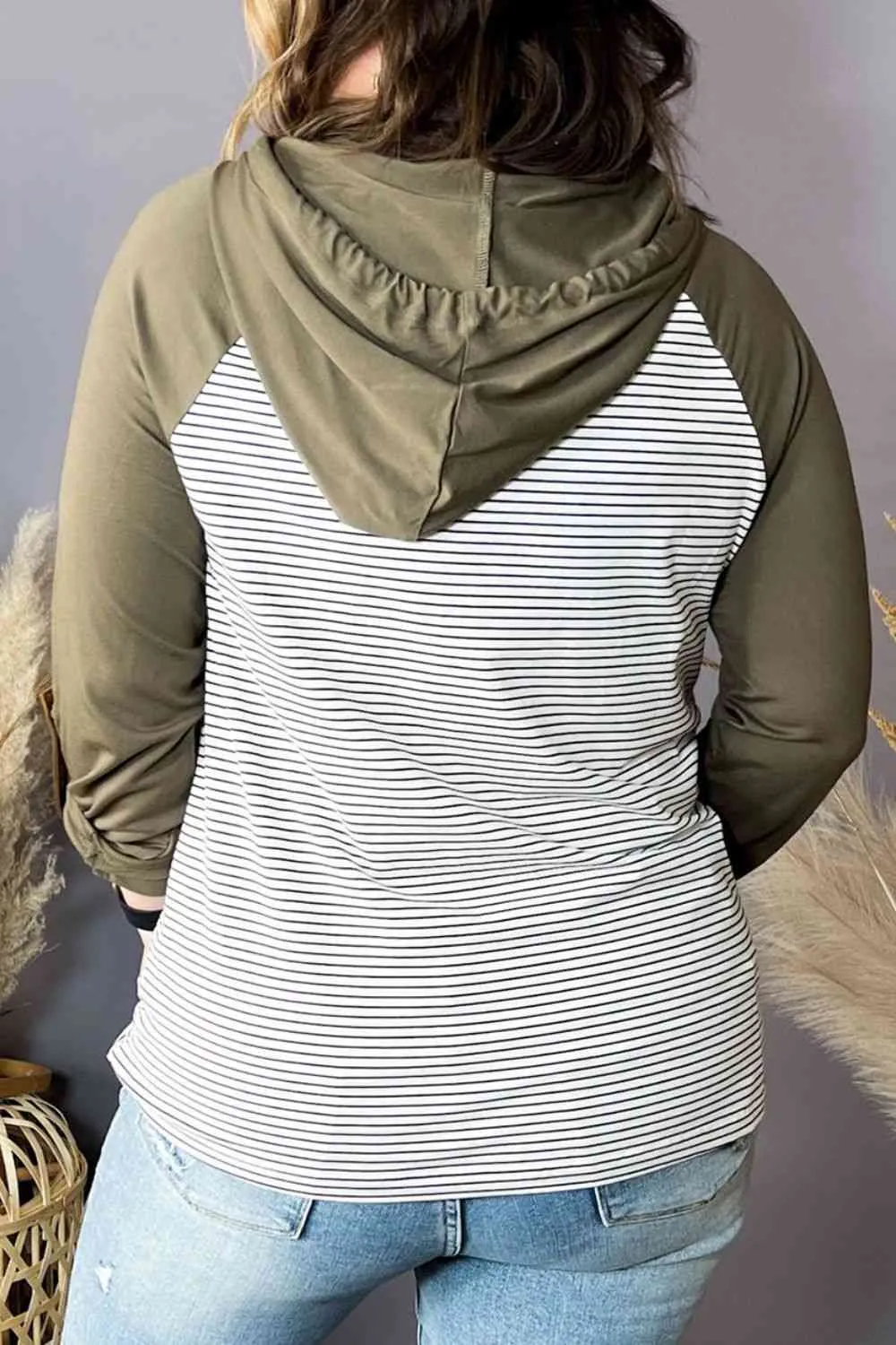 Plus Size Striped Drawstring Long Sleeve Hoodie