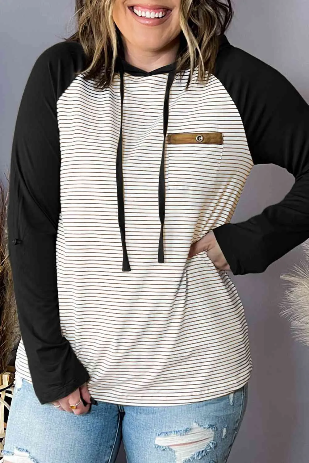 Plus Size Striped Drawstring Long Sleeve Hoodie