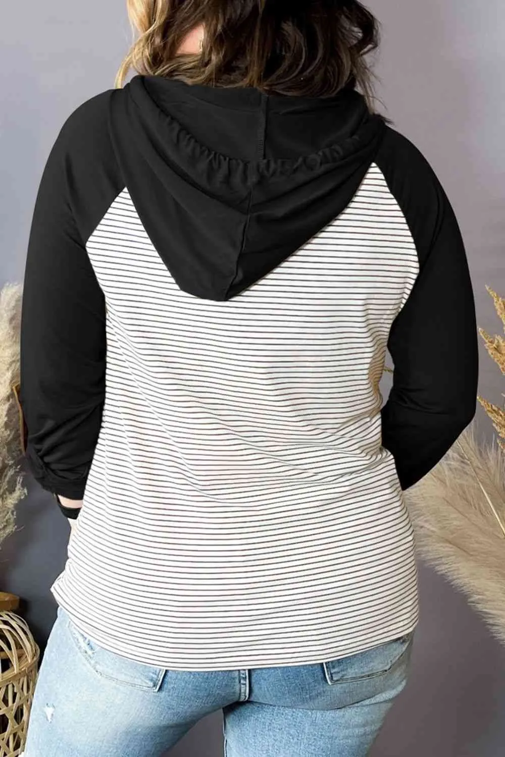 Plus Size Striped Drawstring Long Sleeve Hoodie
