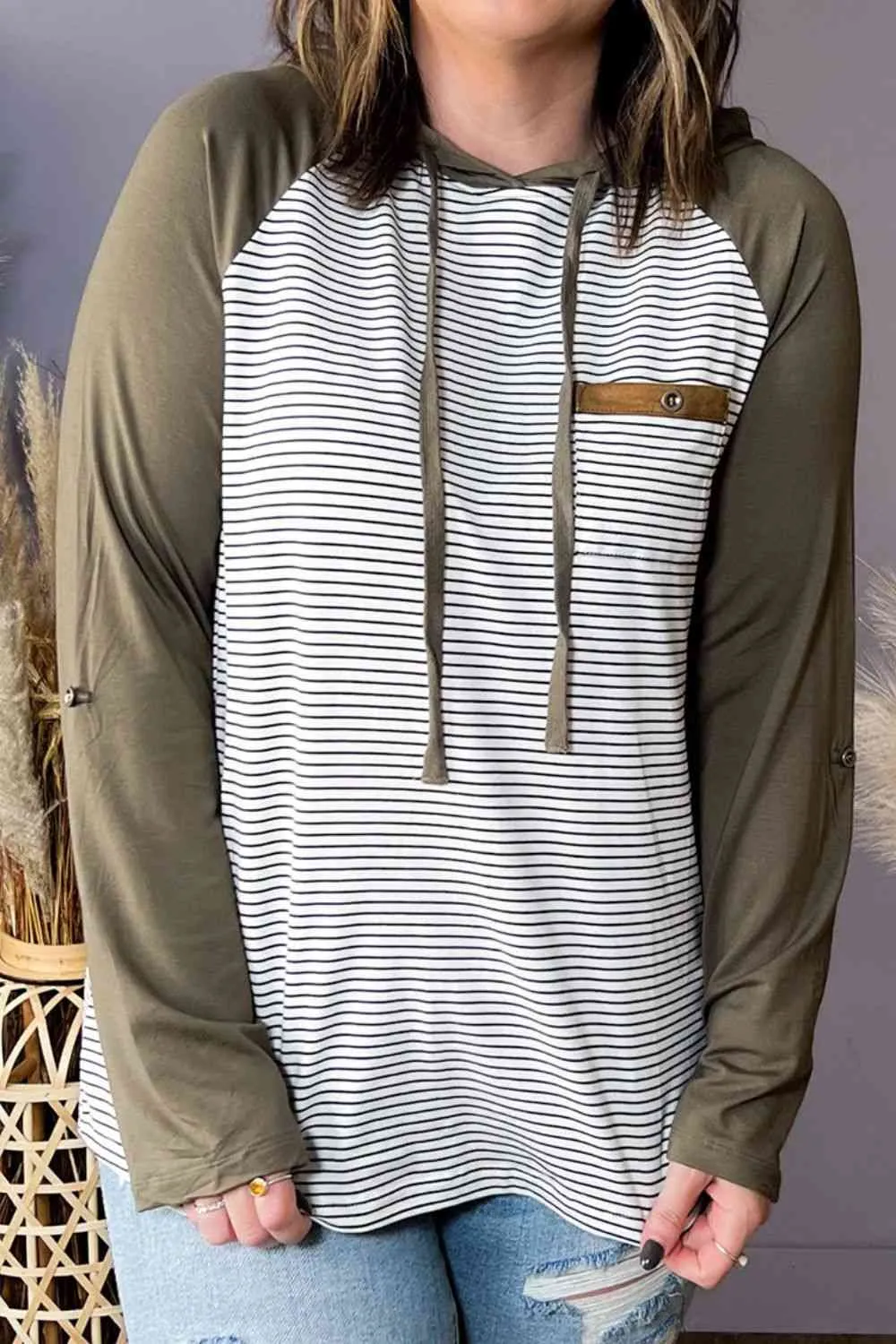 Plus Size Striped Drawstring Long Sleeve Hoodie