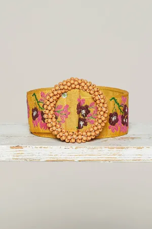 POL Beaded circle buckle floral pattern belt: MUSTARD/PURPLE