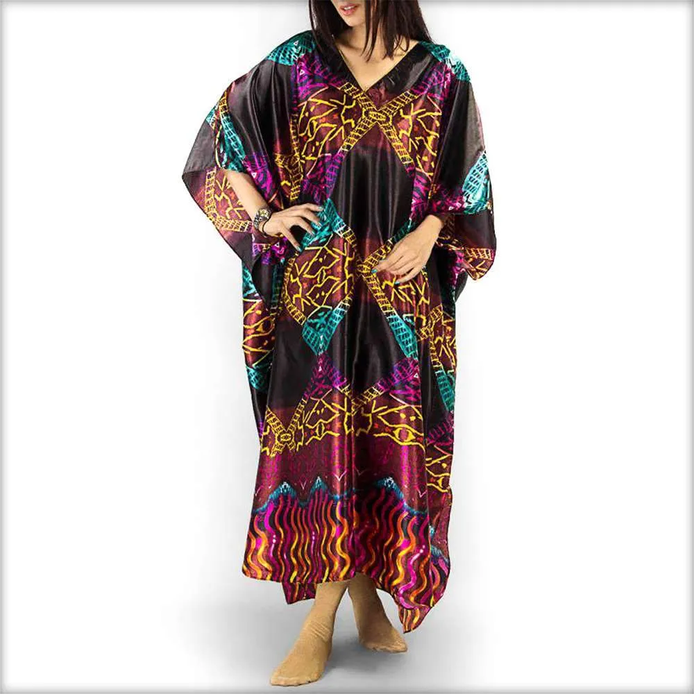 Printed Black V-Neck Kaftan