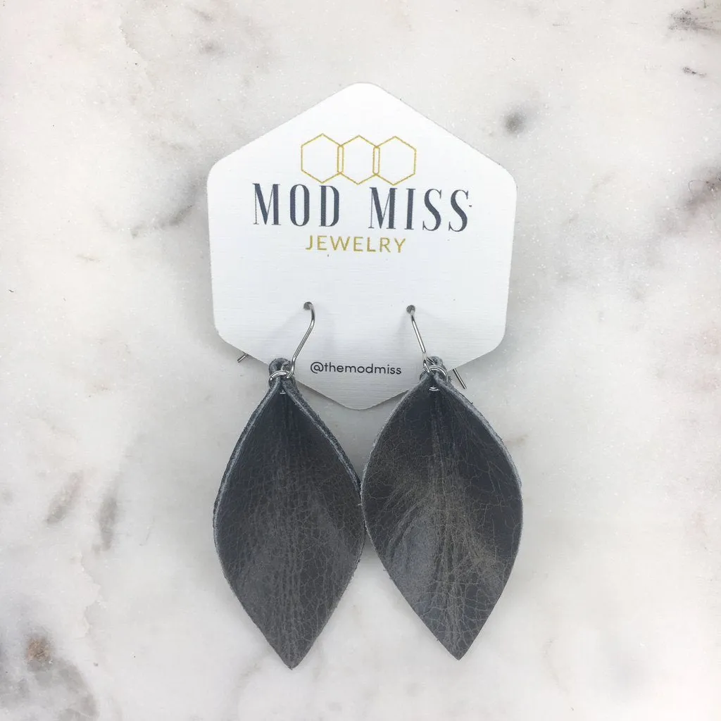 "Dumbo" Worn Gray Leather Petal Earrings