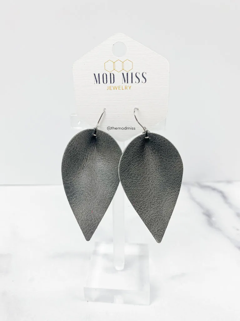 "Dumbo" Worn Gray Leather Petal Earrings