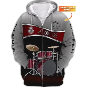 Red Drum Shirts Drummer Shirt Drums Personalized Name 3D Zipper Hoodie, 3D Hoodie Tshirt