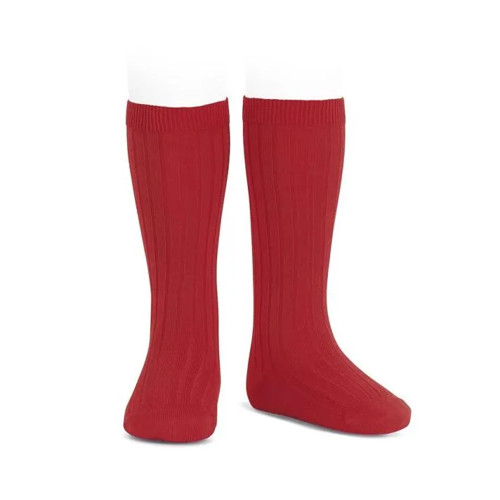 Red Wide Ribbed Knee High Socks