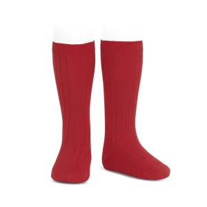 Red Wide Ribbed Knee High Socks