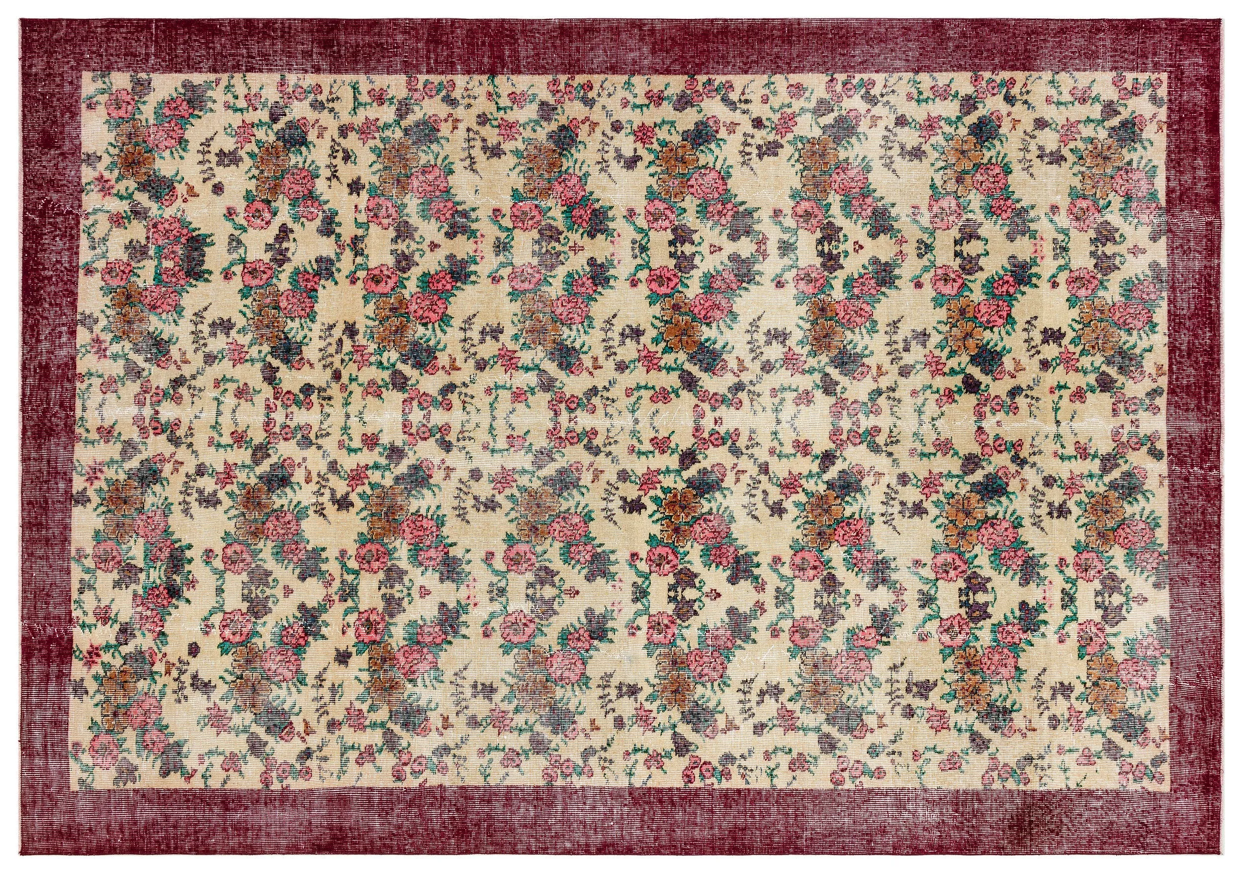 Retro Design Floral Over Dyed Vintage Rug 6'11'' x 10'0'' ft 210 x 305 cm