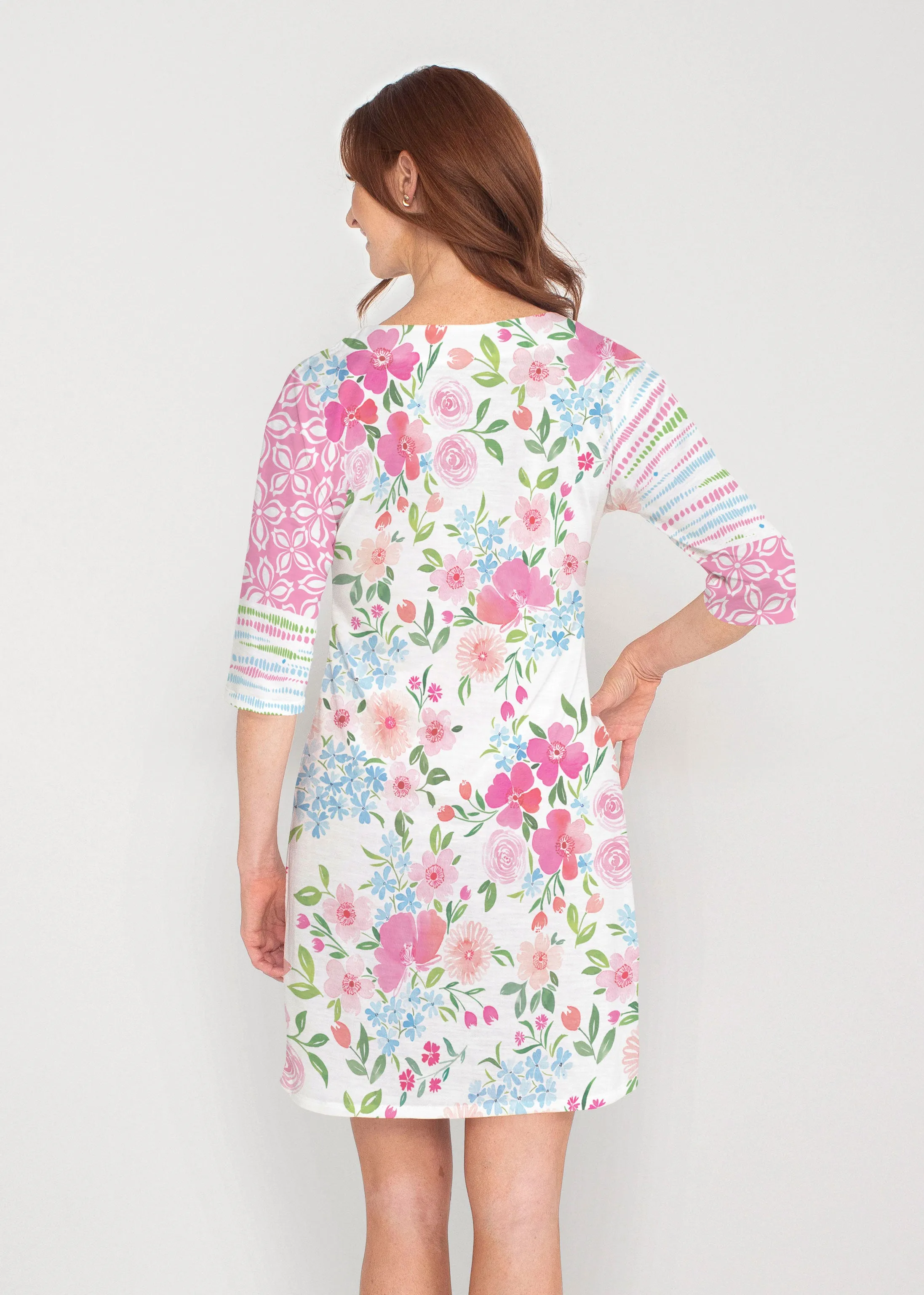 Rosie Dots (8053) ~ Drop Shoulder 3/4 Sleeve V-Neck Dress
