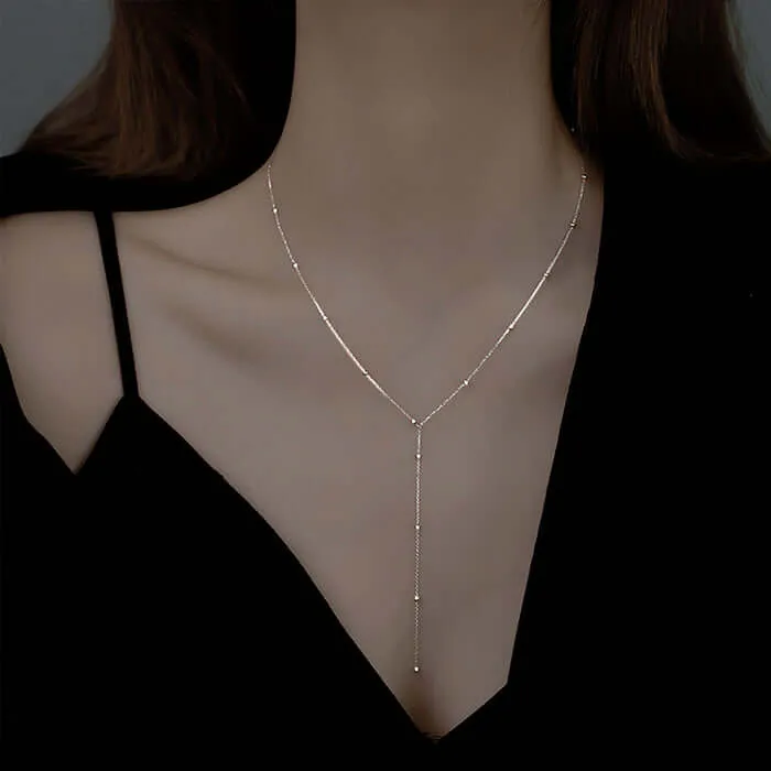 Round Bead Long Tassel Chain Simple Lariat Silver Necklace