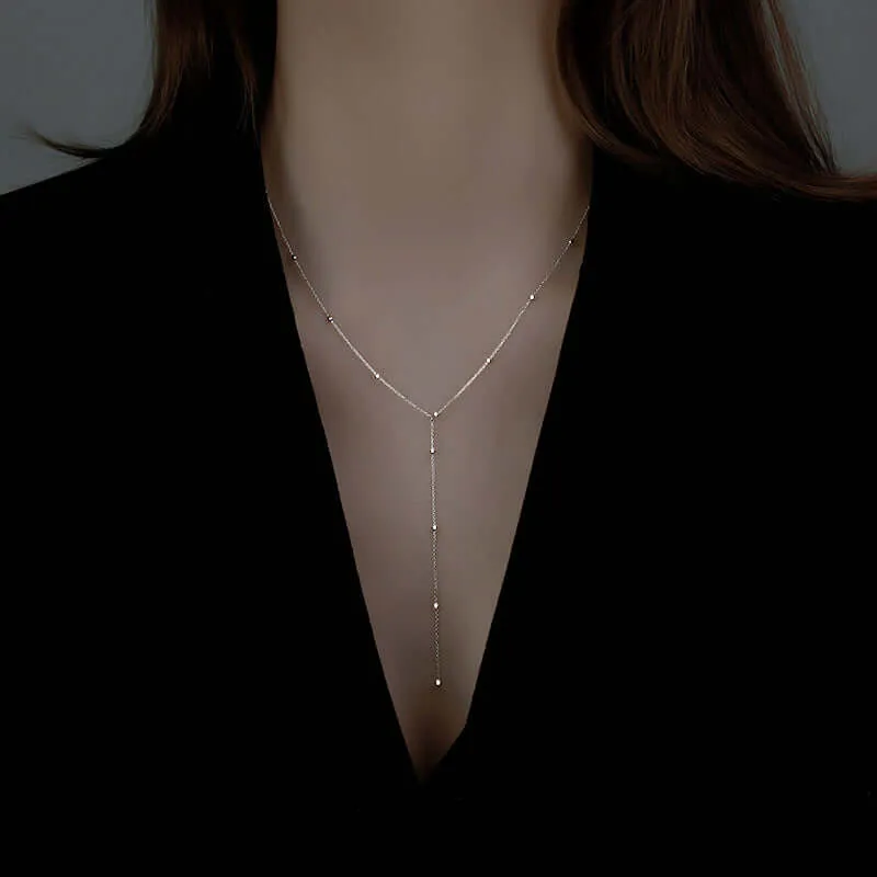 Round Bead Long Tassel Chain Simple Lariat Silver Necklace