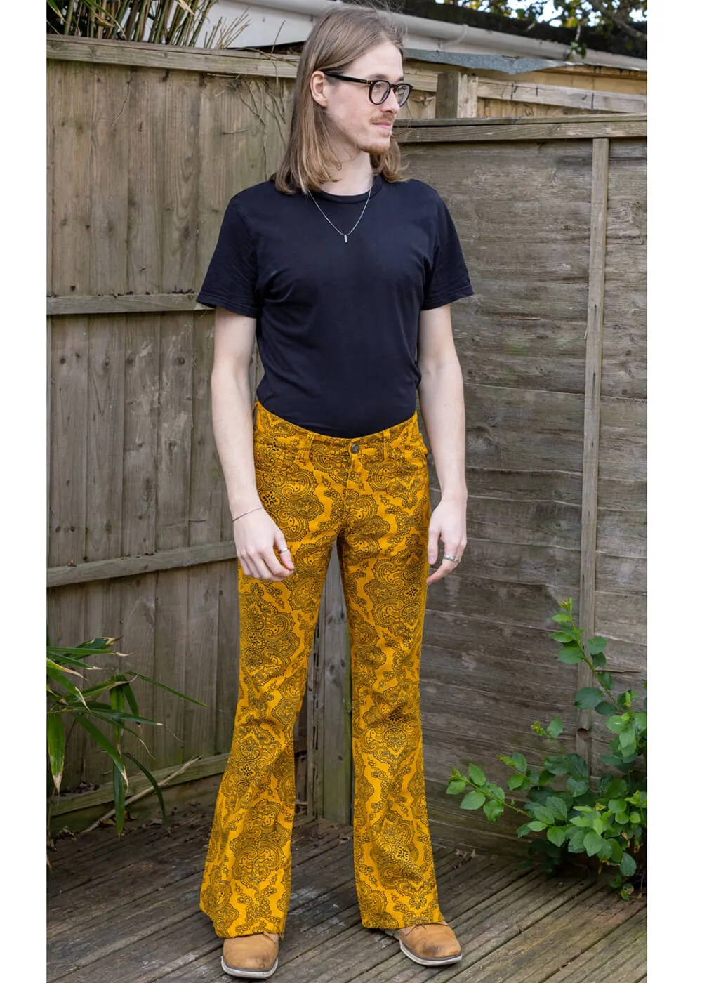 Run & Fly Mens Hendrix Corduroy 70's Flare Trousers Gold