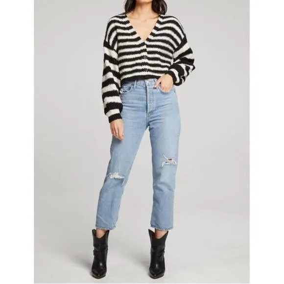 SALTWATER LUXE BRETON SCOUT BUTTON FRONT CARDIGAN SWEATER M BRITON STRIPE