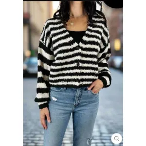 SALTWATER LUXE BRETON SCOUT BUTTON FRONT CARDIGAN SWEATER M BRITON STRIPE