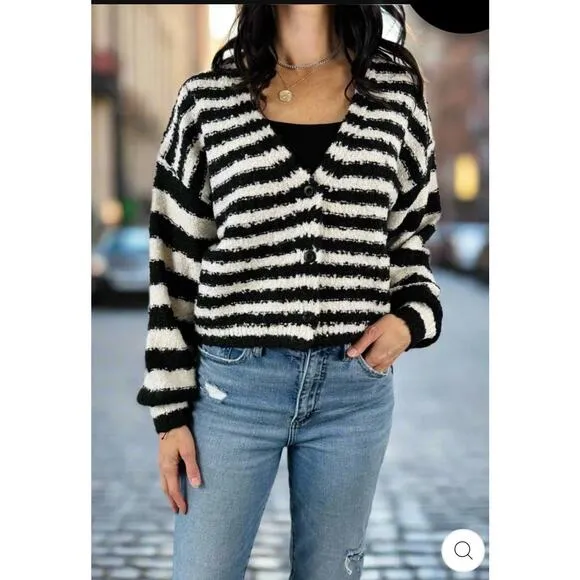 SALTWATER LUXE BRETON SCOUT BUTTON FRONT CARDIGAN SWEATER M BRITON STRIPE
