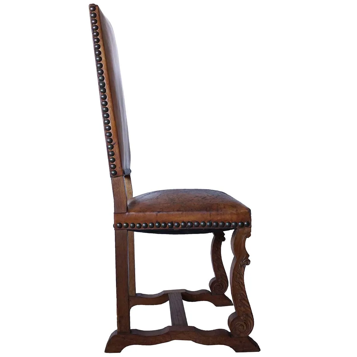 Set of 6 French Louis XIII Style Leather and Oak Dining Side Chairs