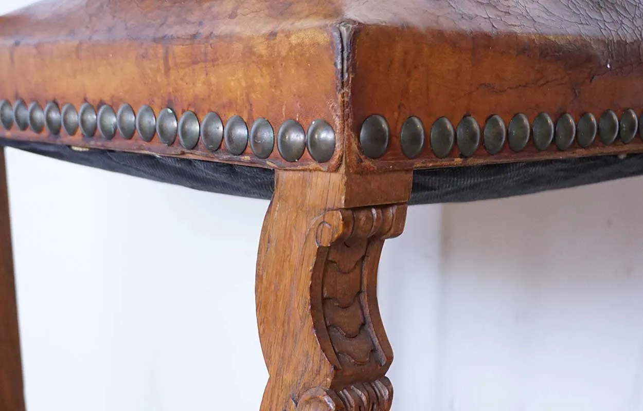 Set of 6 French Louis XIII Style Leather and Oak Dining Side Chairs