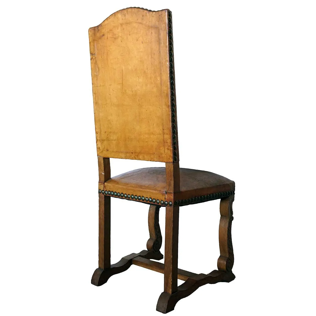 Set of 6 French Louis XIII Style Leather and Oak Dining Side Chairs
