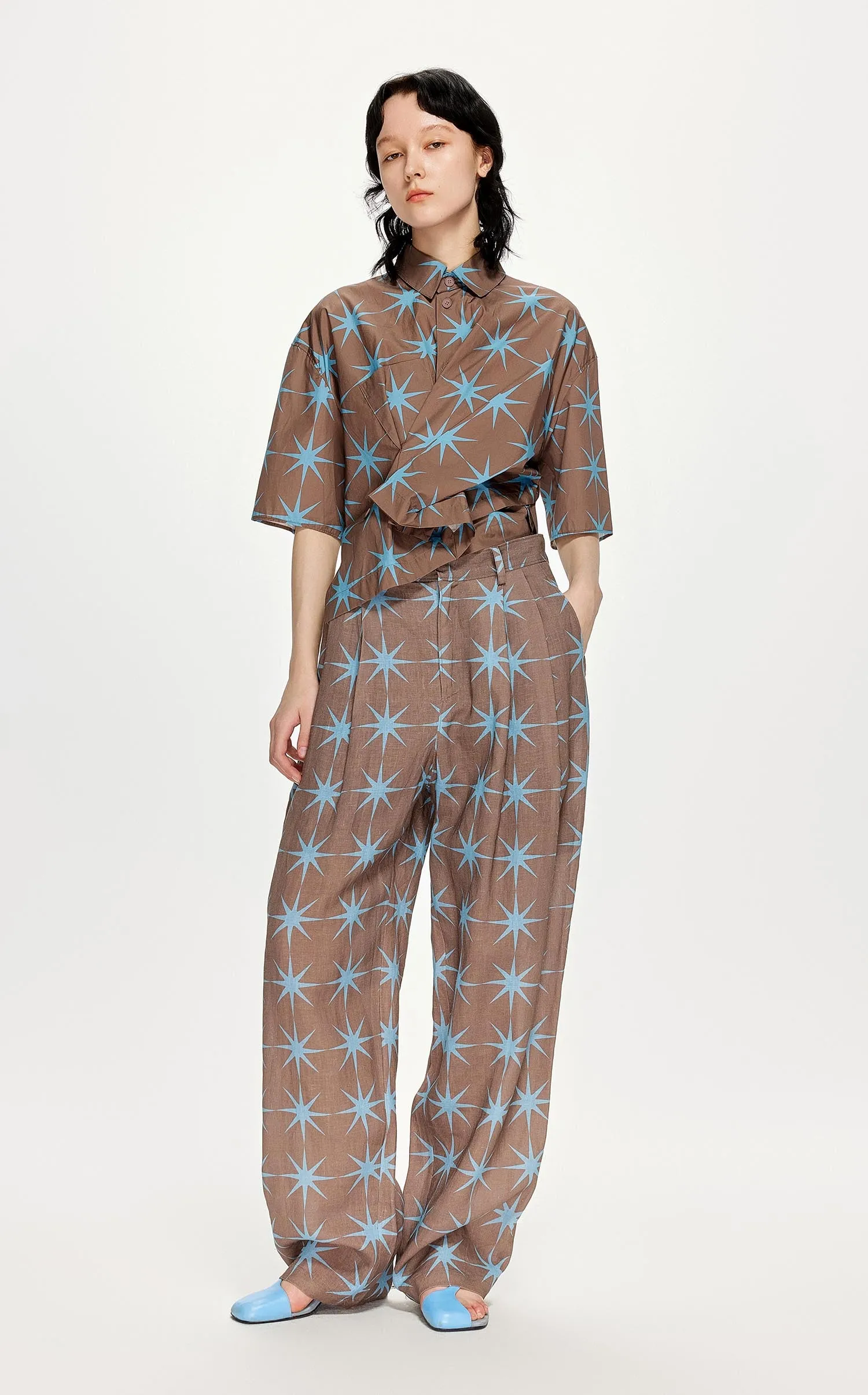 Shirt / JNBY Star Print Short Sleeve Crop Shirt (100% Cotton)