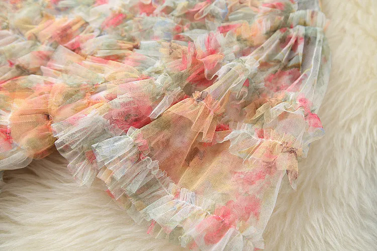 Short sleeve v-neck Fashionable pleated dress printed with gauze
