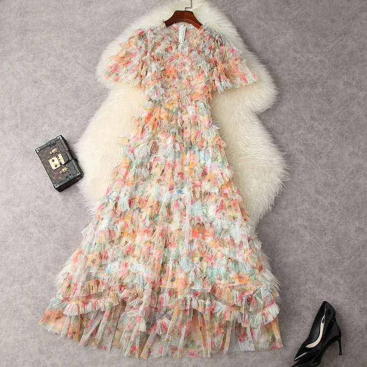 Short sleeve v-neck Fashionable pleated dress printed with gauze