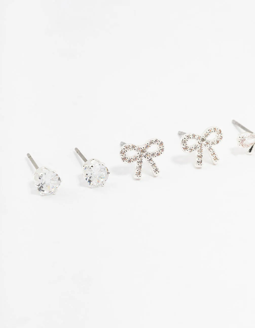 Silver Cubic Zirconia Sweet Bow Stud Earrings 3-Pack