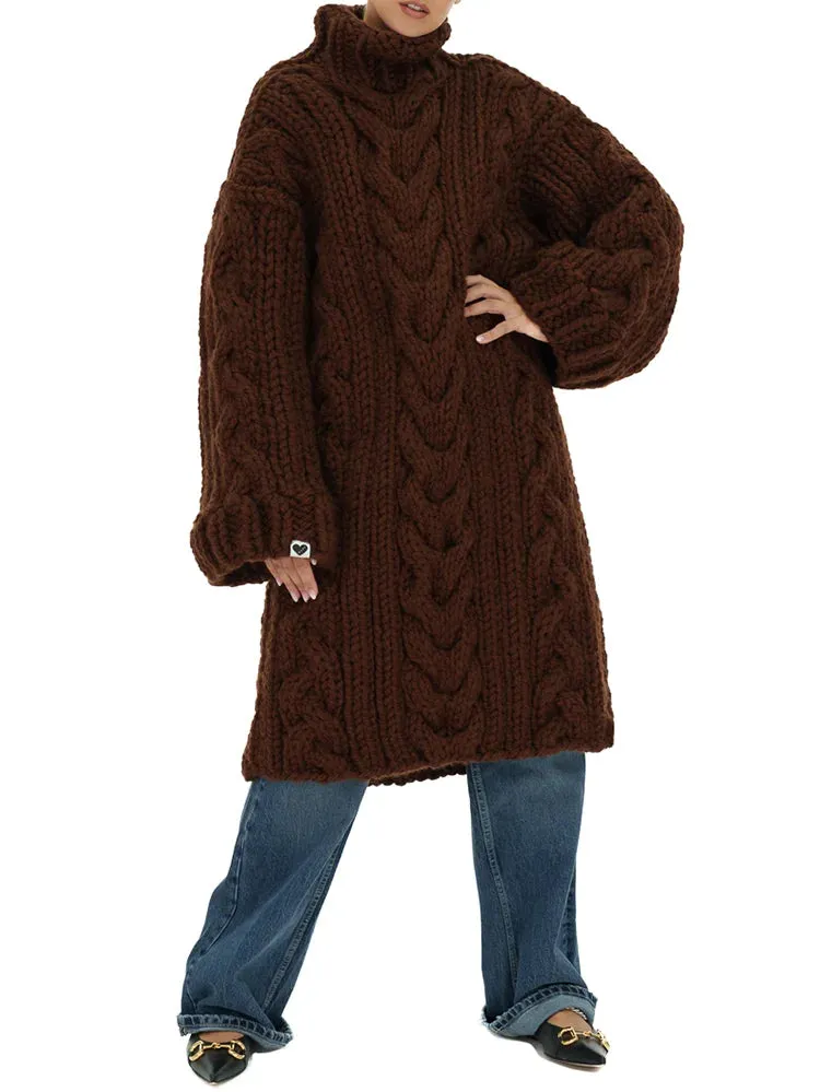 Simple Loose Split-Side Crochet Jacquard High-Neck Sweater Midi Dresses