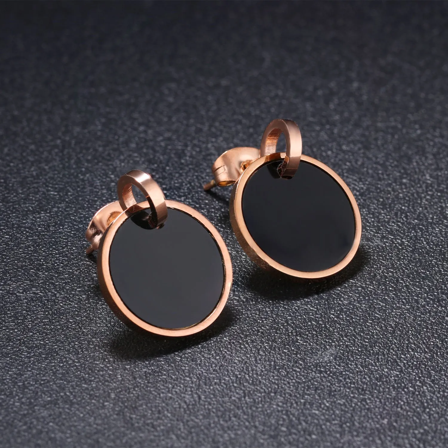 Simple Round Black Film Earrings Wild Titanium Steel Rose Gold Black Earrings