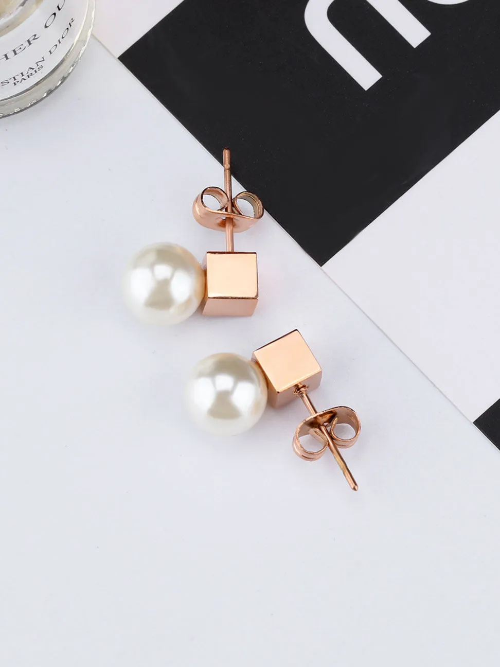 Simple Square Geometric Earrings Female Titanium Steel Temperament Pearl Earrings