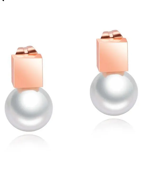 Simple Square Geometric Earrings Female Titanium Steel Temperament Pearl Earrings