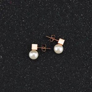 Simple Square Geometric Earrings Female Titanium Steel Temperament Pearl Earrings