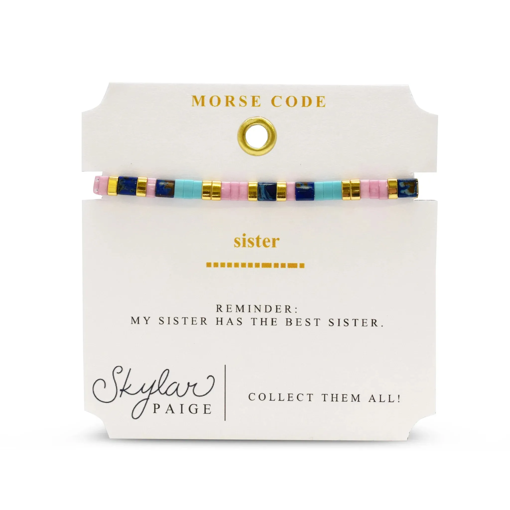 Skylar Paige SISTER Morse Code Tila Beaded Bracelet - Tried and True Turk Lav and Blue