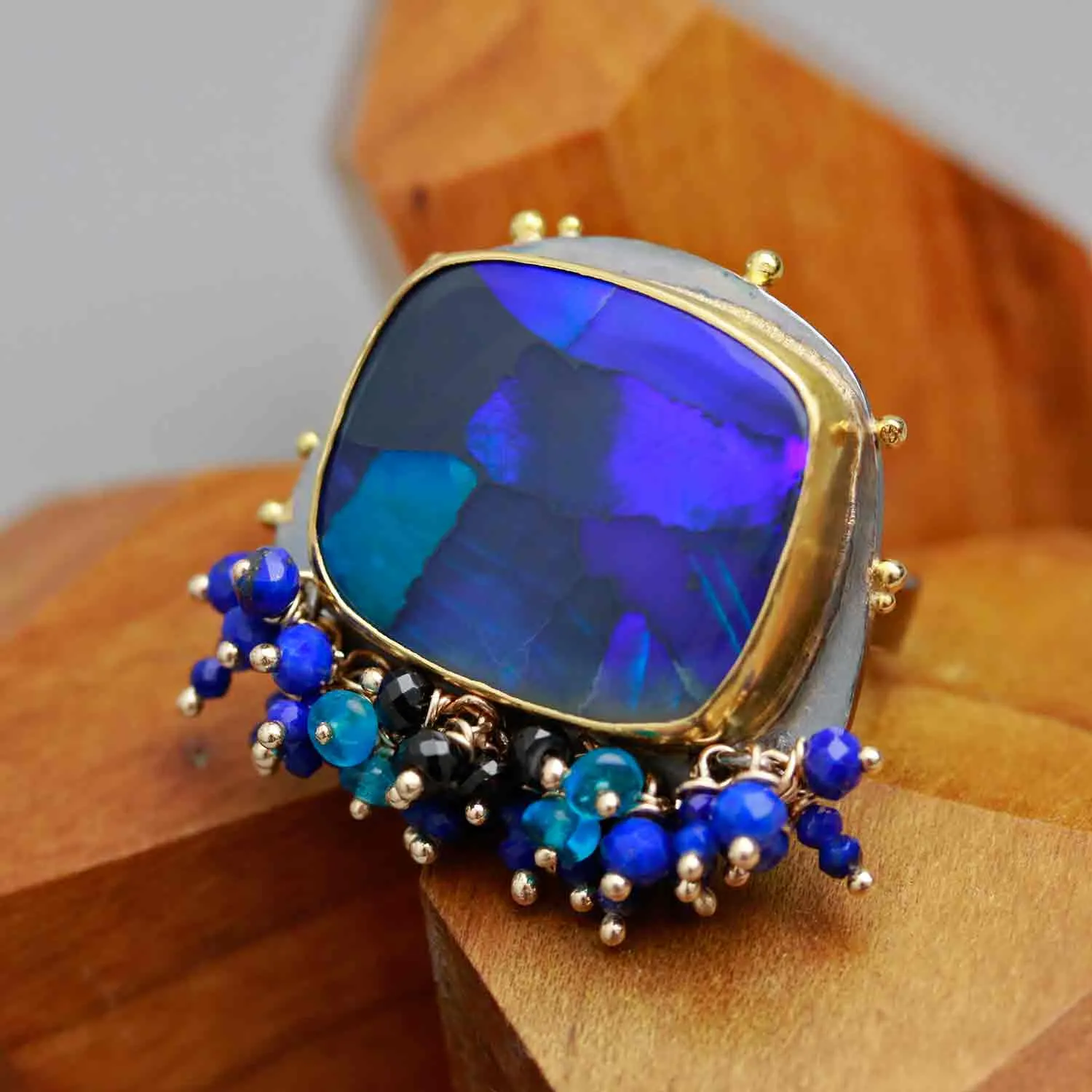Sold! Lightning Ridge Black Opal Ring with Fringe and Gold Dotted Edges. Size 6 1/2.