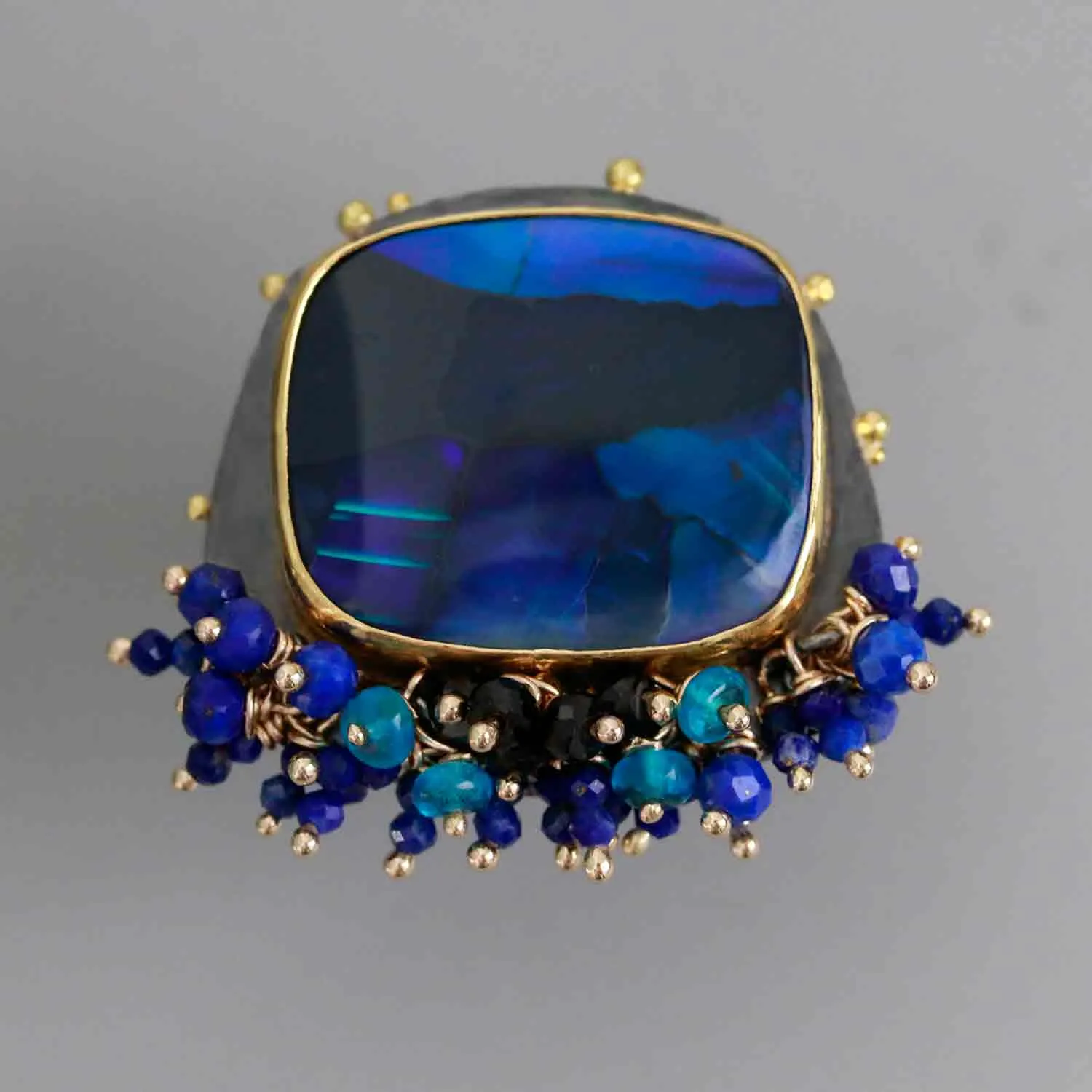 Sold! Lightning Ridge Black Opal Ring with Fringe and Gold Dotted Edges. Size 6 1/2.