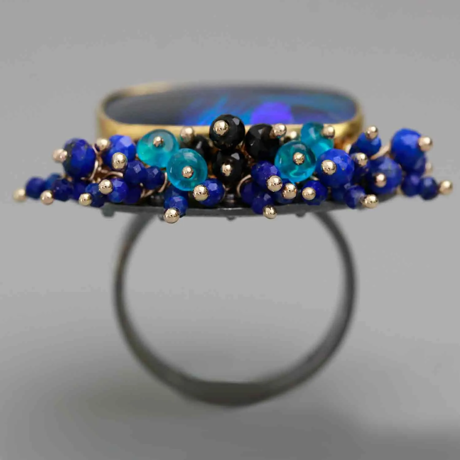 Sold! Lightning Ridge Black Opal Ring with Fringe and Gold Dotted Edges. Size 6 1/2.