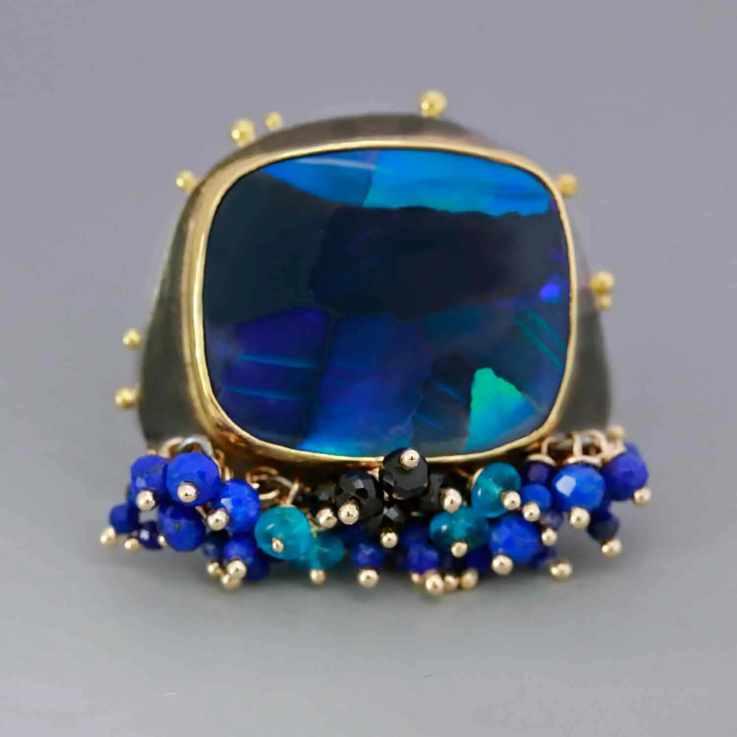 Sold! Lightning Ridge Black Opal Ring with Fringe and Gold Dotted Edges. Size 6 1/2.