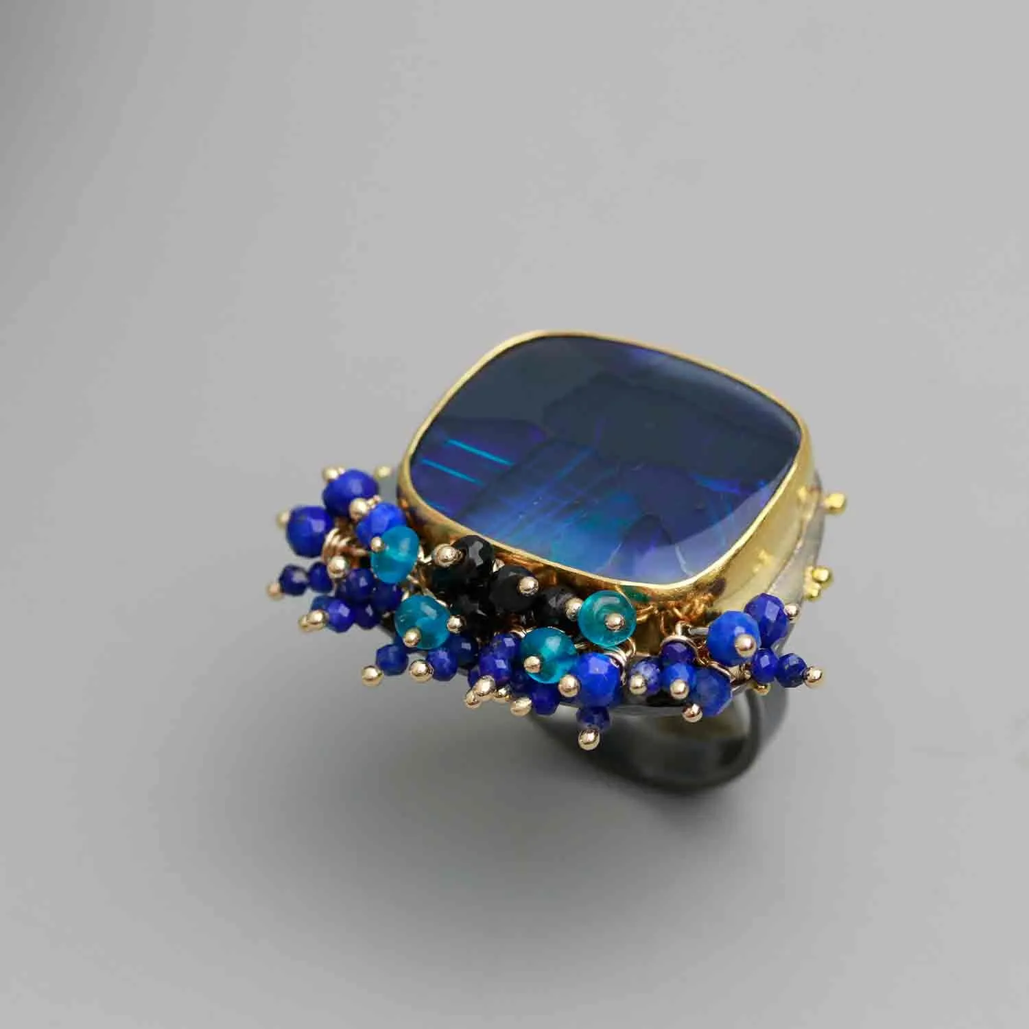 Sold! Lightning Ridge Black Opal Ring with Fringe and Gold Dotted Edges. Size 6 1/2.