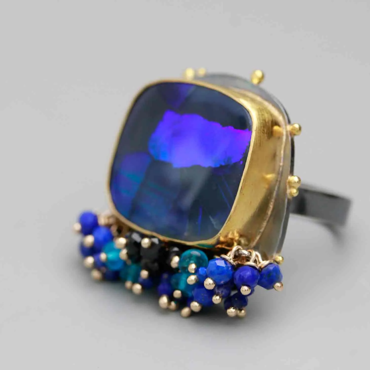 Sold! Lightning Ridge Black Opal Ring with Fringe and Gold Dotted Edges. Size 6 1/2.