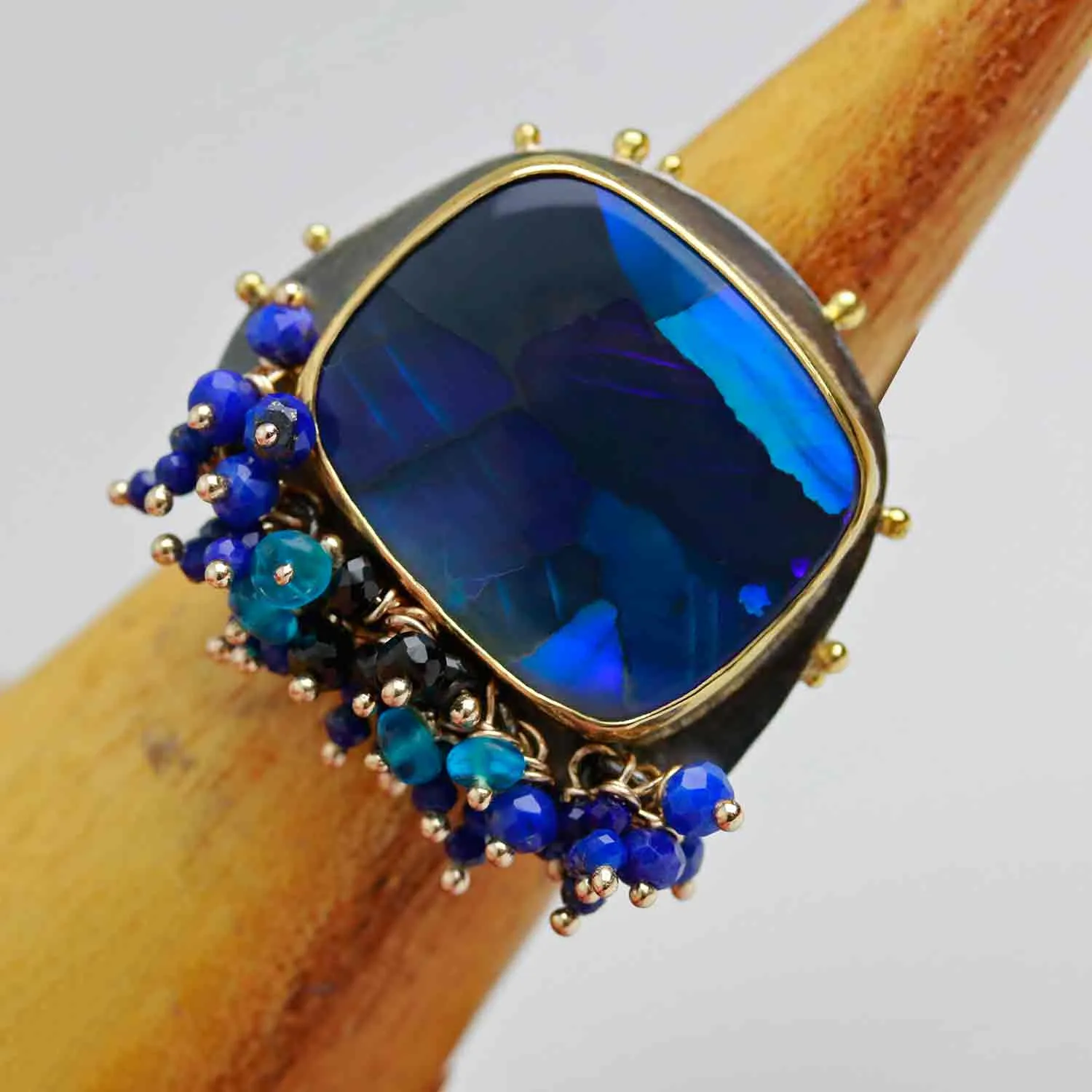 Sold! Lightning Ridge Black Opal Ring with Fringe and Gold Dotted Edges. Size 6 1/2.