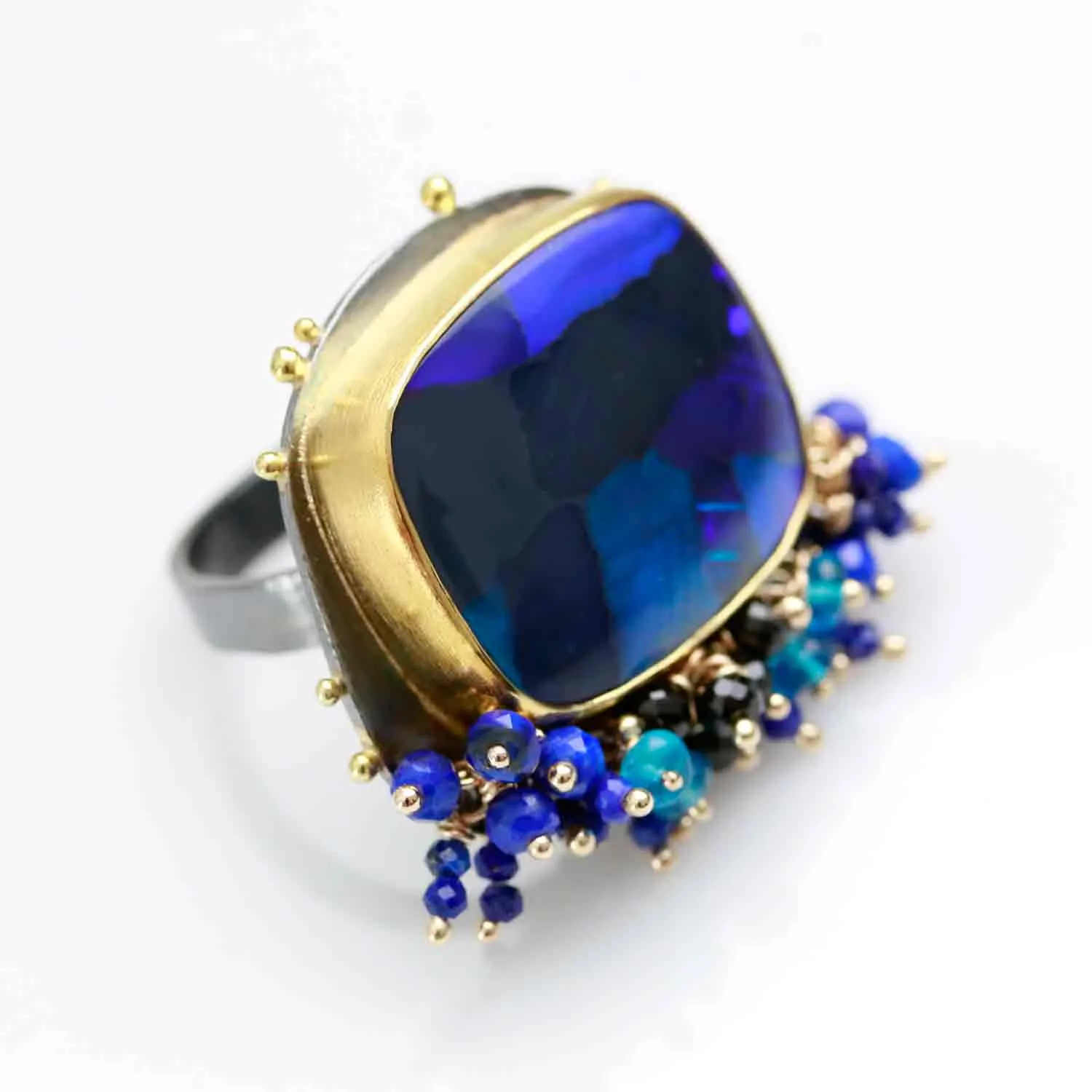 Sold! Lightning Ridge Black Opal Ring with Fringe and Gold Dotted Edges. Size 6 1/2.