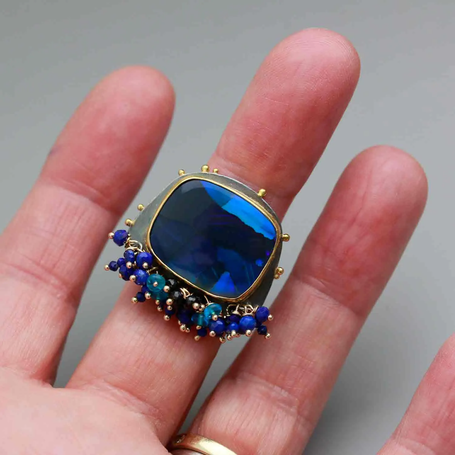 Sold! Lightning Ridge Black Opal Ring with Fringe and Gold Dotted Edges. Size 6 1/2.