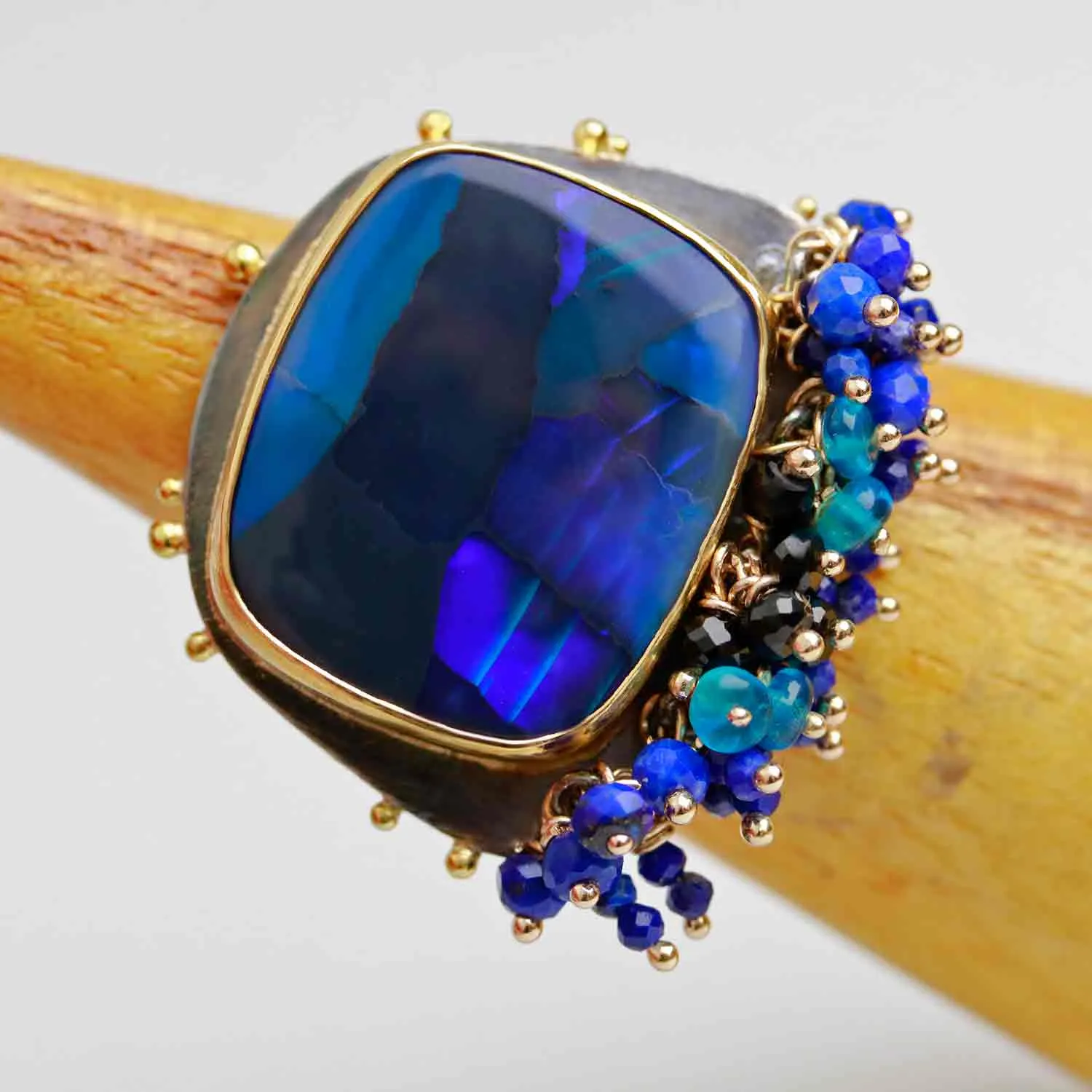 Sold! Lightning Ridge Black Opal Ring with Fringe and Gold Dotted Edges. Size 6 1/2.