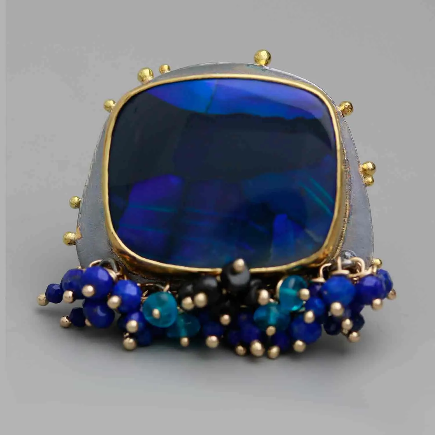 Sold! Lightning Ridge Black Opal Ring with Fringe and Gold Dotted Edges. Size 6 1/2.