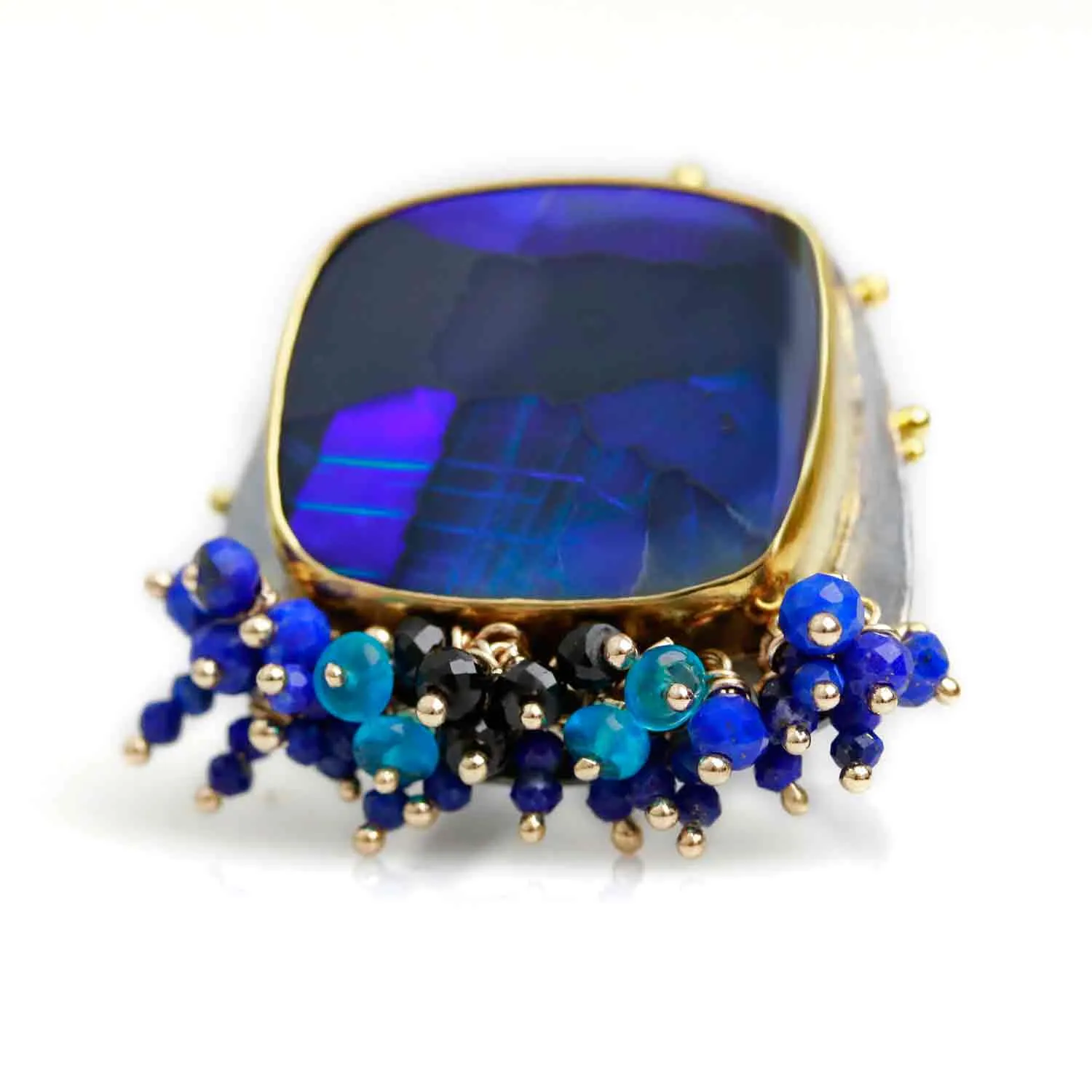 Sold! Lightning Ridge Black Opal Ring with Fringe and Gold Dotted Edges. Size 6 1/2.