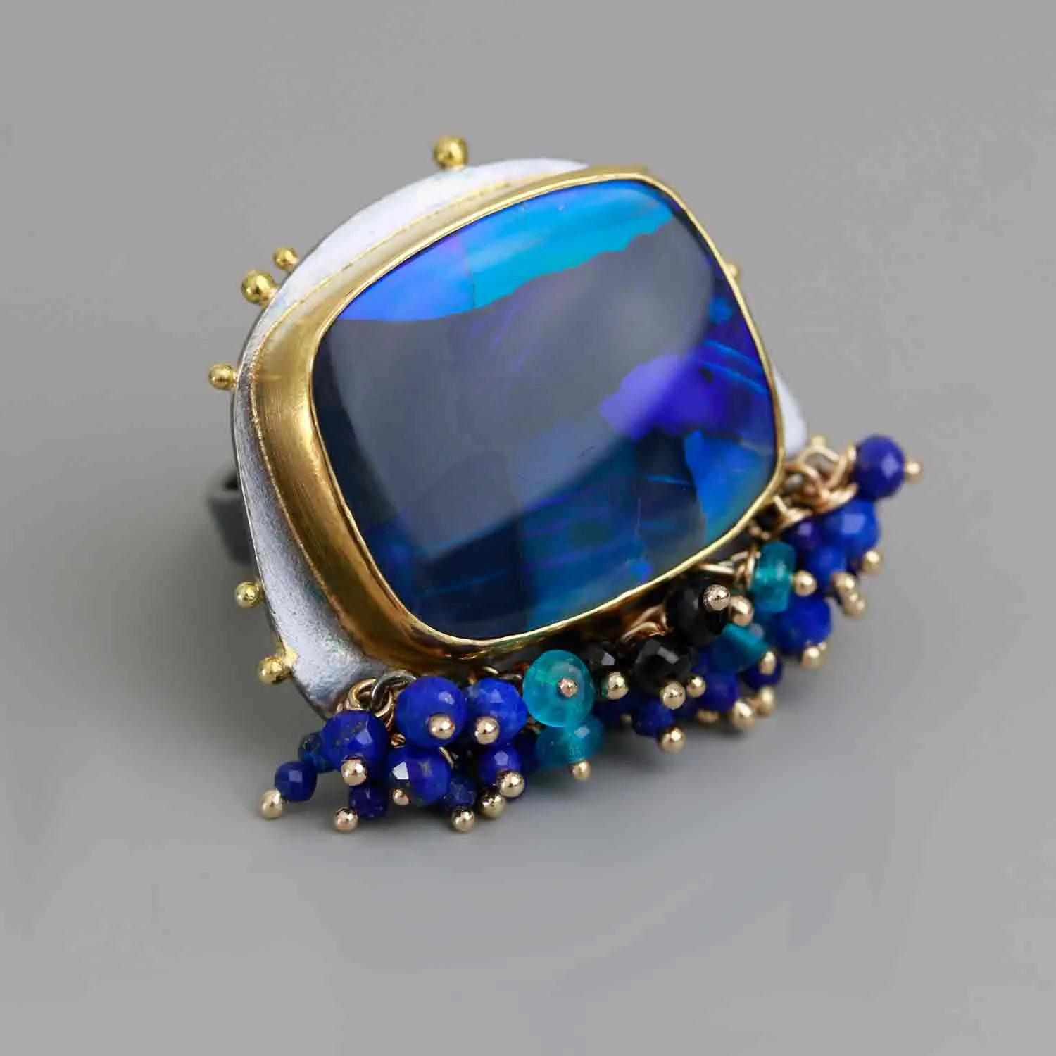 Sold! Lightning Ridge Black Opal Ring with Fringe and Gold Dotted Edges. Size 6 1/2.